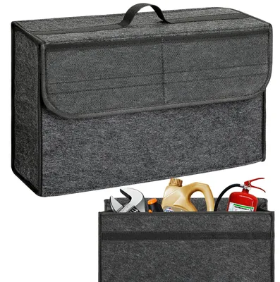 Image de Organisateur de coffre en feutre VINATO, sac de coffre de voiture avec fermeture velcro et 2 sacs en filet, organisateur de coffre de voiture, pliable, robuste (44x15x28 cm) – pour outils et produits d'entretien automobile, accessoire pour voiture