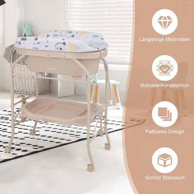 Image de Table à langer avec baignoire Table à langer portable avec coussin PVC 86 x 50 x 100 cm beige