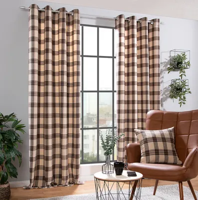 Produktbild von Heimtexland ® Ösenschal cosy Wolle Vorhang Tartan kariert blickdicht Schotten Karo Dekoschal Gardine 240x135 cm Typ899 beige-braun