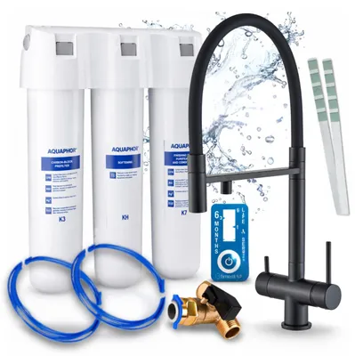 Immagine prodotto di Rubinetto da cucina Ari a 3 vie, modello Highflex, nero opaco, con doccetta estraibile, incluso sistema di filtraggio dell'acqua Aquaphor Kristall H