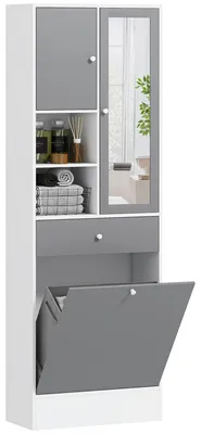 Produktbild von Badezimmerschrank mit Wäschekorb, Spiegel und verstellbarem Einlegeboden 62 x 28,3 x 181 cm Grau-Weiß