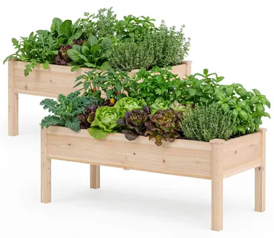 Produktbild von KOMFOTTEU Hochbeet, erhöhter Blumenkasten aus Tannenholz, Pflanzkasten mit Drainagelöchern, Kräuterbeet, Gemüsebeet, Pflanzbeet für Garten, Balkon & Terrasse, 122 x 62 x 48 cm, Natur