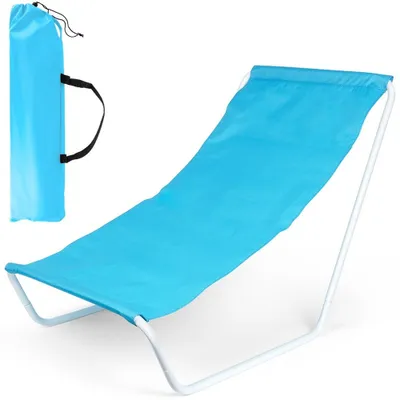 A blue beach chair and its carrying bag are displayed against a white background.