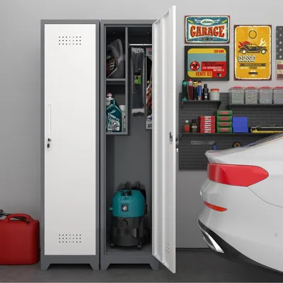 Produktbild von Metall Besenschrank Grau 165 cm mit Einlegeböden & Kleiderstange, abschließbare Tür, schmaler Putzschrank für Küche, Büro & Garage