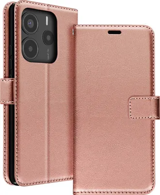 A rose gold flip case for a smartphone, shown open.