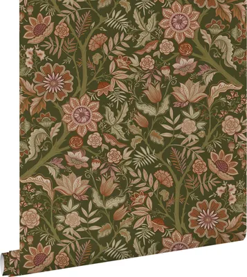 Immagine prodotto di ESTAhome carta da parati fiori retrò vintage verde scuro e marrone terracotta 53 cm x 10.05 m