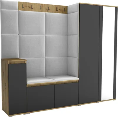 Obrázek produktu pro Šatní sestava Noris VIII se zrcadlem, čalouněná skříň 145 cm s botníkem, nástěnnými panely a lavicí (barva: dub Artisan/černá+ Trinity 32)