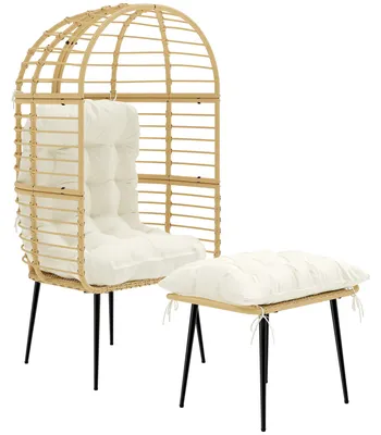 Produktbild von Gartensessel mit Hocker PE Rattan Ei-Form Korbsessel mit langen & dicken Kissen Metallrahmen Beige