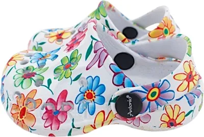 Produktbild von Kinder Clogs mit Blumenmuster » günstige Kinderschuhe » Kinder Badeschlappen » Schuhe für Kleinkinder » Badelatschen mit Riemen und Cut-Outs: Motiv 1 / 34 Motiv: Motiv 1 Schuhgröße: 34