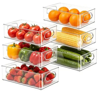 Imagen del producto de Organizador para nevera: Juego de 6 cajas apilables de 3 tamaños diferentes. Contenedores transparentes de PET+PE, reutilizables para almacenamiento en la cocina