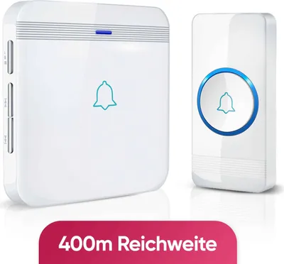 Produktbild von AVANTEK Funk-Türklingel mit 1 Empfänger - Weiß - Reichweite 400 Meter - Wasserdicht - Batteriefrei - 52 Melodien