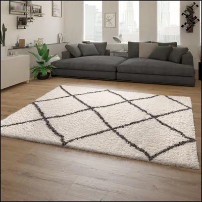 Produktbild von Hochflor Teppich Wohnzimmer Shaggy Langflor Skandinavisches Muster Creme Grau Grösse 80x150 cm