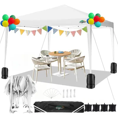 Produktbild von Faltpavillon 3x3m Wasserdicht Höhenverstellbar Weiß mit Sandsäcken