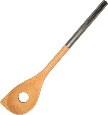 Image de Cuillère en bois biseautée avec un trou manche inox 34 cm Fackelmann Boissellerie