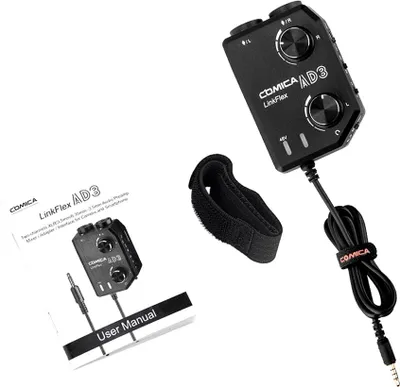Image de CoMica LINKFLEX AD3 Mélangeur / Adaptateur / Interface de préamplificateur audio à deux canaux XLR/3,5mm/6,35mm-3,5mm pour appareils photo DSLR et smartphones 3,5mm