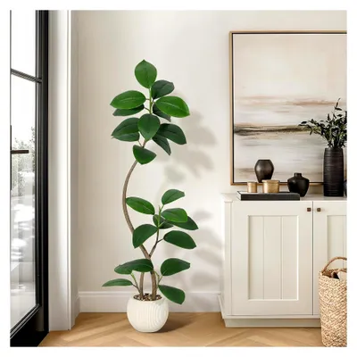 Produktbild von 150 cm Künstliche Pflanze Gummibaum mit cremefarbenem Kugeltopf