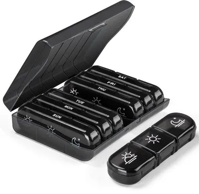 Productafbeelding van Ibenzoa® Tablettenbox, zwart – Tablettenbox voor 7 dagen, met grote compartimenten, 3-voudige dagindeling (ochtend/middag/avond), BPA-vrij, veilige sluitingen, compact voor thuis en onderweg