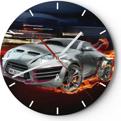 Produktbild von Wanduhr - Rund - Glasuhr - Sportwagen Feuer Rauch - 30x30cm - Schleichendes Uhrwerk - Lautlos - zum Aufhängen bereit - Dekoration Modern - Wanddekoration aus Glas - C3AR30x30-2690
