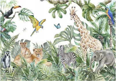 Produktbild von Fototapete Kinderzimmer Wald Tiere Dschungel 400x280 cm - inkl. Kleister - für Kinder Kindertapete Modern Vlies Tapete Vliestapete Wandtapete Motivtapeten UV-Beständig
