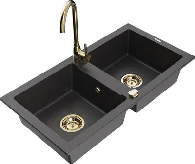 Produktbild von Mexen Mario 2-Becken-Granitspüle mit Mischbatterie Telma, Schwarz gesprenkelt - 6504-76-670200-50