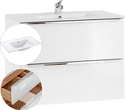 Produktbild von Waschtisch-Unterschrank 80cm mit Keramik-Waschbecken TOSKANA-56 Hochglanz weiß, B/H/T ca. 81/58,5/46 cm