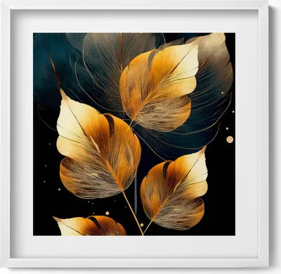 Produktbild von Gold Glamour Blätter– Wandbild mit Rahmen – Gerahmtes Bild  – Wanddekoration – 50x50 cm –  Weiß Rahmen