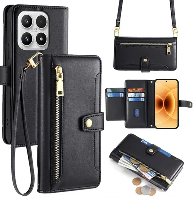 Produktbild von Handykette für Xiaomi 17 Hülle mit Band Handyhülle Kartenfächer Kunstleder Umhängetasche in Schwarz