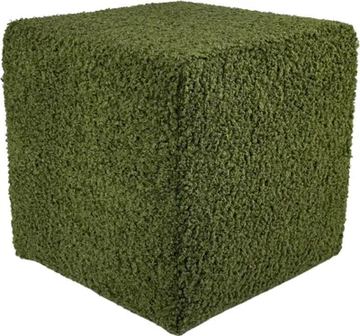 A cube-shaped ottoman covered in dark green, textured fabric.