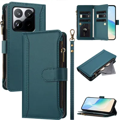 Produktbild von Handyhülle für Xiaomi 15T Reißverschluss Geldbörse Kunstleder Klapphülle mit Kartensteckplatz, Ständer, Handschlaufe Grün