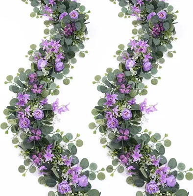 Productafbeelding van 2 x 2 m kunstbloemenslinger, eucalyptus, slinger met vlinders, bloemen, slinger, decoratie, zijden bloemen, slinger, kunstbloemen