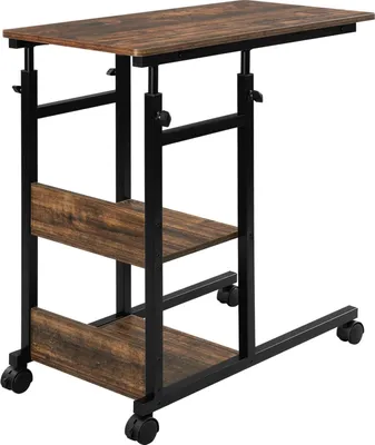 Produktbild von Beistelltisch Sofatisch Betttisch Laptoptisch - C-Form Tisch - Höhenverstellbar 76–96 cm - Mit Rollen - Mit Ablage - Tischplatte 80 x 40 cm - Vintage Holz schokoladenbraun
