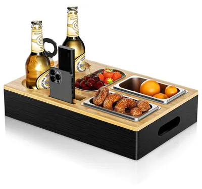 Immagine prodotto di Tavolino in bambù per divano - Servitore per divano - Vassoio per bracciolo, ideale per snack - Porta bicchieri per vino - Tavolino per la TV - Con contenitori per snack in acciaio inossidabile