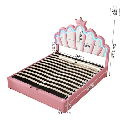 Immagine prodotto di Letto imbottito Okwish 140 x 200 cm con testata a , letto idraulico con illuminazione LED, rosa