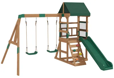 Produktbild von Spielturm Klettergerüst Holz Schaukelgestell mit Rutsche 2 Schaukeln Kletterwand für 3-8 Jahre 315x284x233 cm Grün