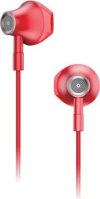 A pair of red in-ear headphones against a white background.