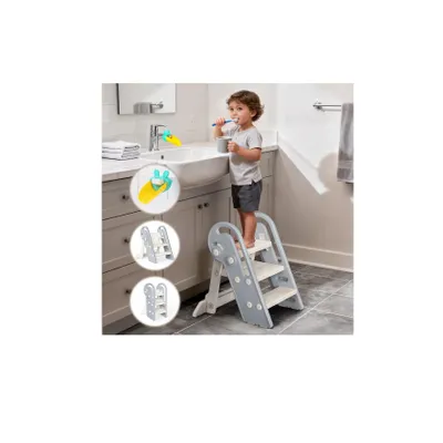 Produktbild von Onasti Kinder-Trittleiter, höhenverstellbar, 3 Stufen, mit Griffen, klappbar, kippsicher und rutschfest, für Küche, Bad, Waschbecken und Toilette