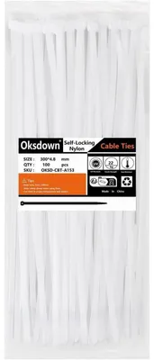 Immagine prodotto di Fascette stringicavo, 100 pezzi, 300 mm x 4,8 mm, colore bianco, resistenti ai raggi UV, in nylon, resistenza alla trazione: 22 kg