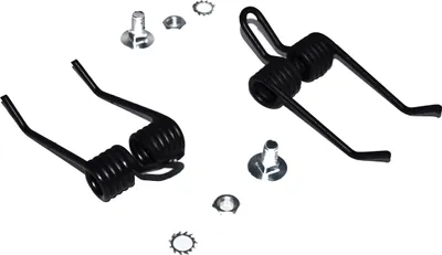 Two black metal springs and several small metal fasteners are arranged on a white background.