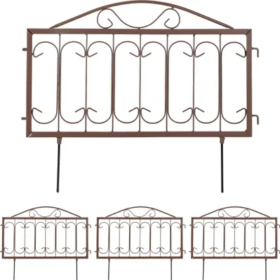 Produktbild von Relaxdays Beetzaun Metall, HxB: 46 x 57 cm, Garten Beeteinfassung zum Stecken, 4 Zaunelemente, Antik-Design, braun