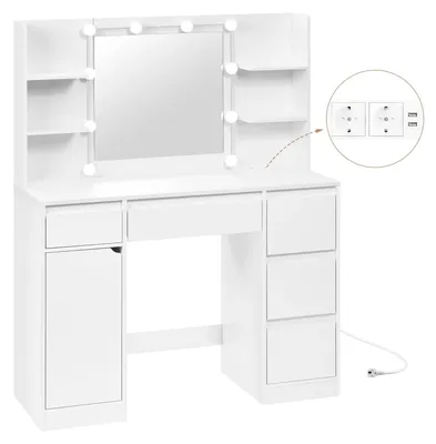 Image de Table de maquillage - Table de maquillage avec miroir - Éclairage intégré - Intensité réglable - Prise électrique - Sans tabouret - Design moderne - Blanc