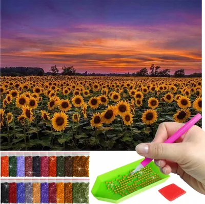 Produktbild von ARTULIO - Diamond Painting Set - Sonnenblumenfeld bei Sonnenuntergang - 40 x 30 cm - Bilder DIY, Crystal Art, Home Wand Deko, Komplettset Mosaik + Zubehör