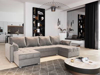 Masseno Ecksofa NAKO mit Schlaffunktion U-Form, Sofa mit Bettkasten, Wohnzimmersofa, Couch, Soffa, Bettsofa, Couchgarnitur- Beige, PAROS 02