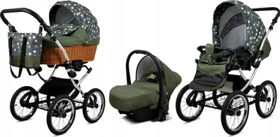 A collage of three images showing a baby stroller system with a bassinet, a car seat, and a stroller seat.