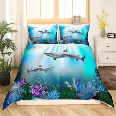 Productafbeelding van Beddengoedset voor kinderen, haaiendesign, 135x200 cm, meerkleurig, 1 kussensloop 80x80 cm, microvezel