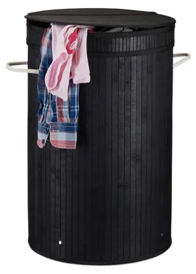 Wasmand aus Bambus, rund, 65 L, mit Klappdeckel, schwarz
