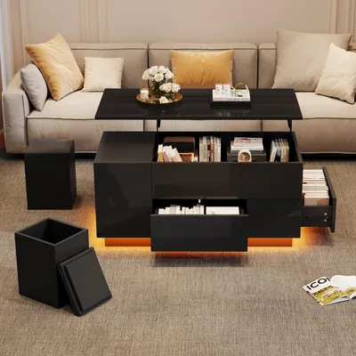 Produktbild von Couchtisch 4-in-1 höhenverstellbarer Sofatisch mit LED 2 Schubladen Hochglanztisch mit Sofa und 2 Hockern Beistelltisch mit verstecktem Stauraum