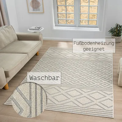 Produktbild von Teppich Boho Hochflor Wohnzimmer, Schlafzimmer, Küche, Flur, Waschbarer Teppich 3D, Farbe:405Beige, Maße:160x230 cm