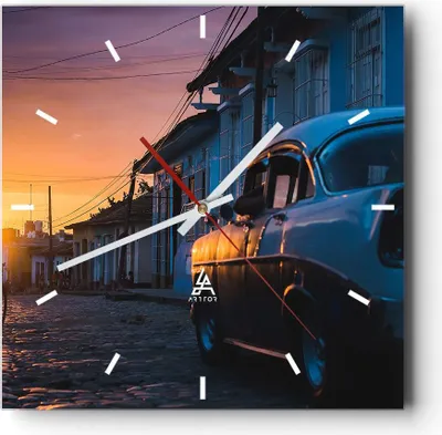 Produktbild von Wanduhr - Quadrat - Glasuhr - Straße Auto Haus - 40x40cm - Schleichendes Uhrwerk - Lautlos - zum Aufhängen bereit - Dekoration Modern - Wanddekoration aus Glas - C3AC40x40-3459