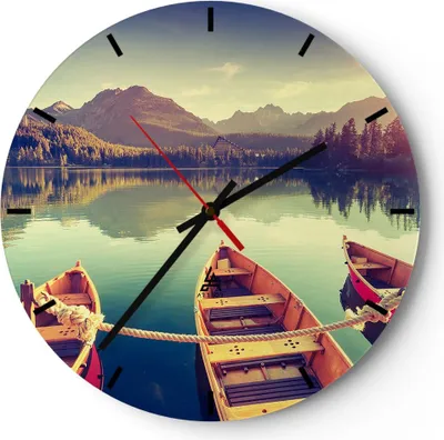Produktbild von Wanduhr - Rund - Glasuhr - Berge See Boot - 30x30cm - Schleichendes Uhrwerk - Lautlos - zum Aufhängen bereit - Dekoration Modern - Wanddekoration aus Glas - C3AR30x30-3652