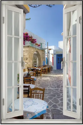 Produktbild von Wallario Wandbild mit Fenster-Illusion: Gasse in Griechenland, Größe: 61 x 91,5 cm, Poster mit schwarzem Aluminiumrahmen
